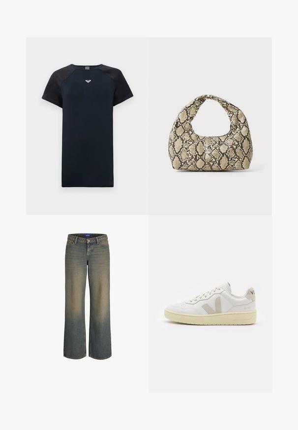 Kortärmad marinblå t-shirt med svarta raglanärmar, mjuk textur och en central logotyp. Har rundade halsringning och avslappnad passform.; Breda blå denimjeans med ett ljust till mörkt gradient, femficksdesign och knäppning med knapp. Sytt detaljarbete på kanterna.; Vita lädersneakers med beige mockadetaljer, perforerad tåbox, platta snören och en texturerad krämfärgad sula. Har diskret varumärkning på hälen.; Väskan i ormtryck har ett böjt handtag. Den är tillverkad av strukturerade, beige och bruna material och har ett distinkt diamantsmönster.