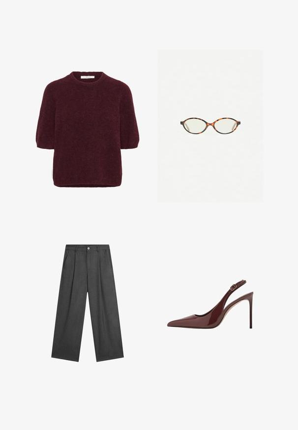 Kortärmad, mörkröd, fluffig tröja med rund halsringning, tillverkad av Gestuz, uppvisad mot en vit bakgrund.; Mörkgrå, vida byxor med subtila ränder, frontveck och en enkel knappknäppning i midjan.; Mörkbrun patentläder slingback med spetsig tå och hög klack, utrustad med justerbar spänne och smal stilettklack.; Sköldpaddsmönstrade glasögon med ovala linser och en elegant, slät yta. Har tunna sidor med en subtil kurva vid tinningarna. Klara linser.