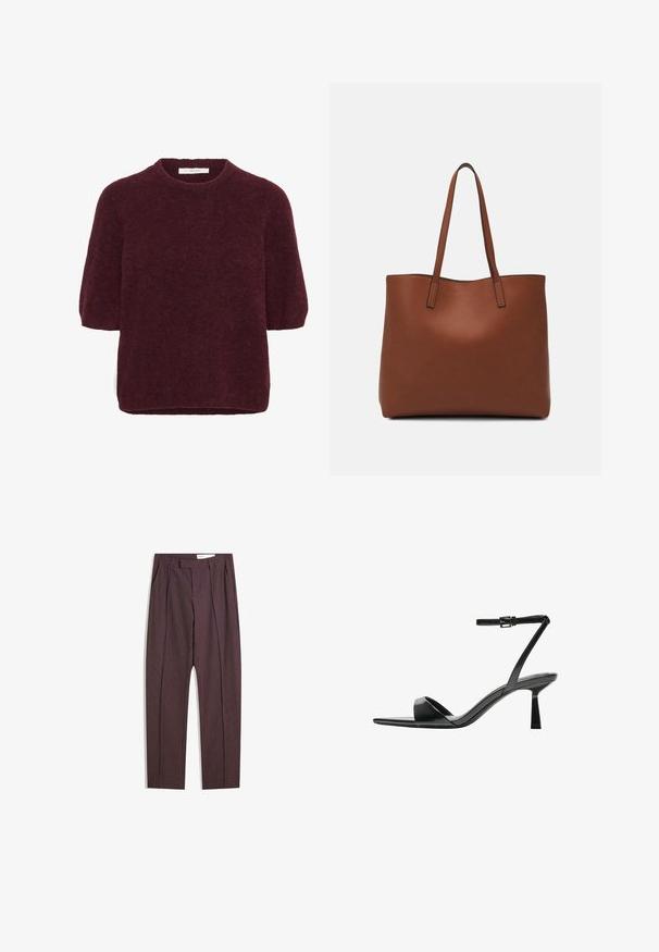 Kratek rokav, temno rdeč puhast pulover z okroglim izrezom, izdelan s strani Gestuz, prikazan na beli podlagi.; Vijolične črtaste hlače s pregibi, visokim pasom in ravnim krojem. Narejene iz gladkega, teksturiranega materiala.; Bershka Sandali z visoko peto - black; Rjava usnjena torba z gladko teksturo, odprto zasnovo zgoraj in dvema naramnima trakovoma. Opremljena je z minimalnim šivanjem in brez vidnih kovinskih delov.