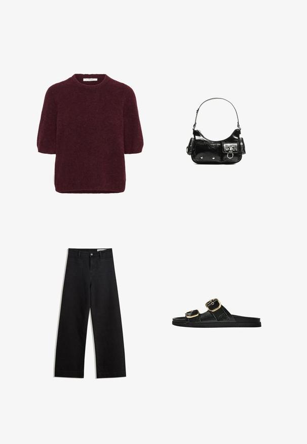 Krótki rękaw, ciemnoczerwony puszysty sweter z okrągłym dekoltem, wyprodukowany przez Gestuz, zaprezentowany na białym tle.; Czarne dżinsowe spodnie o szerokich nogawkach i wysokim stanie, z przednimi i tylnymi kieszeniami, przeszyciami oraz zapięciem na guziki. Gładka struktura.; Czarne klapki z dwoma złotymi klamrami, gładki materiał, płaska podeszwa i minimalistyczny design.; Czarna torebka z lakierowanej skóry o zaokrąglonym kształcie, z jednym paskiem na ramię, przednimi kieszeniami i akcentami w kolorze srebrnym.