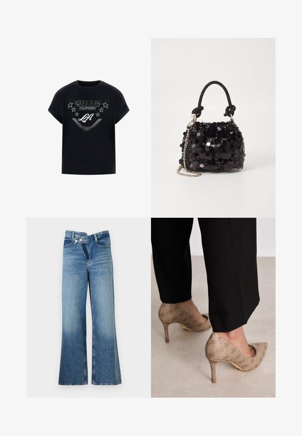 Czarny bawełniany t-shirt z podwiniętymi rękawami, z białym nadrukiem graficznym "GUESS CALIFORNIA" i gwiazdkami, na środku napis "LA" stylizowaną czcionką.; Jasnoniebieskie dżinsy o fasonie dzwonów z wysokim stanem, z dwiema guzikami i kieszeniami z przodu. Materiał ma wyblakłą fakturę z subtelnymi odcieniami.; Beżowe szpilki z teksturowanej tkaniny z powtarzającym się wzorem. Spiczasty krój z tylnym akcentem i złotym detalem na obcasie.; Czarna mini torebka z cekinami, z węzłowym, teksturowanym paskiem i srebrnym łańcuchem. O zaokrąglonym kształcie z marszczoną górą i refleksyjnymi detalami.