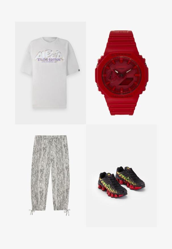 White short-sleeve t-shirt with a round neckline featuring a glossy, multicolored "ALPHA STUDIO EDITION" logo across the front.; Gray and black snake print trousers with a drawstring waist and adjustable ties at the hem. Made from a soft, lightweight fabric.; Black Nike sneakers with gradient accents of yellow, green, and red. Features a distinctive textured design and a chunky red sole.; Red G-Shock watch with a digital and analog display, rubber strap, and hexagonal case. Features bold hour markers and buttons. Water-resistant.