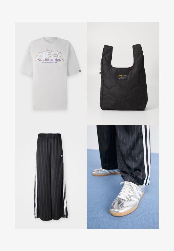 Bijela majica kratkih rukava s okruglim izrezom koja sadrži sjajni, višebojni logo "ALPHA STUDIO EDITION" na prednjoj strani.; Crne široke hlače s vertikalnim bijelim prugama, elastičnim pojasom i tri bijele pruge sa strane. Adidas logo sprijeda.; Metalne srebrne tenisice s bijelim vezicama i tri bijele pruge, uparene s crnim hlačama s prugicama. Osvježavajući akcent gumene soles na dnu.; Crna torba s kvadratnim uzorkom s velikim otvorom, zakrivljenim oblicima na površini i oznakom na prednjoj strani koja sadrži žuti i bijeli tekst.; Srebrne kružne naušnice s poliranim završetkom, koje imaju kružni dizajn i bešavne šarke, prikazujući glatku teksturu.