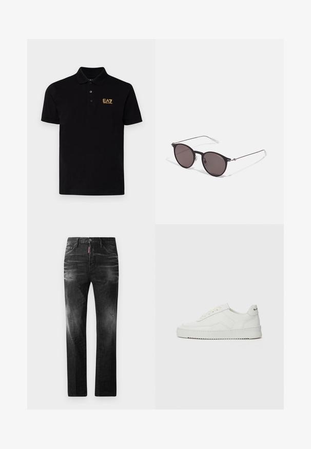 Camisa polo preta em algodão com colarinho clássico, apresentando três botões no pescoço e um logotipo dourado EA7 no lado esquerdo do peito.; Jeans de denim preto com um corte reto. Apresentam áreas desbotadas, ligeira degradação, design clássico de cinco bolsos e um fecho de botão.; Sapatilha de couro branco com acabamento suave, bico redondo, atacadores planos e uma sola texturizada. Apresenta um logotipo discreto no calcanhar.; Óculos de sol redondos pretos com lentes escuras e hastes metálicas finas. Inclui pontas de templo transparentes e detalhes em prata na dobradiça. Design minimalista.