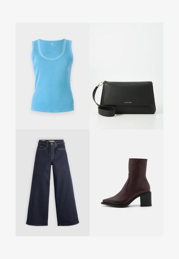 Vaaleansininen ribbineuleinen hihaton toppi, jossa on kaareva pääntie. Valmistettu neulottusta kankaasta, jolla on tiivis siluetti ja siisti helma.; Valkoinen nappikauluspaidat, joissa on pitkät hihat, rakenteellinen kaulus ja pyöristetty helma. Valmistettu sileästä, yksivärisestä kankaasta, jossa ei ole näkyviä kuvioita tai koristeita.; Lohkot vaaleat farkut tummansinisinä, joissa on kontrastoiva ompelu. Omistaa perinteisen viiden taskun muotoilun ja napin sulkemisen vyötäröllä.; Zign LEATHER - Klassiset nilkkurit - bordeaux; Musta nahkainen käsilaukku, jossa on taitettu läppä, kultaiset metalliosat ja irrotettava olkahihna. Sileä pinta ja minimalistische muotoilu.