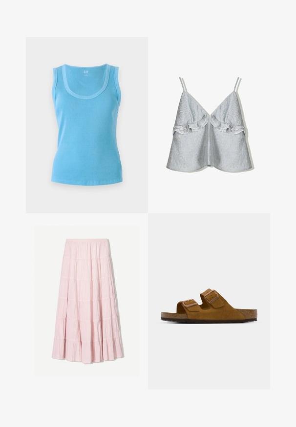 Vaaleansininen ribbineuleinen hihaton toppi, jossa on kaareva pääntie. Valmistettu neulottusta kankaasta, jolla on tiivis siluetti ja siisti helma.; Sininen ja valkoinen raidallinen kangastoppi, jossa on rypytyksellä varustettu reunus edessä ja ohuet olkaimet, V-pääntie muotoilu.; Vaaleanpunainen, kerroksellinen maxi-hame, joka on valmistettu rakenteellisesta, kevyestä kankaasta. Joustava vyötärö ja virtaava helma, jossa on röyhelökoristeet.; Ruskea mokkanahkainen liukusandaali, jossa on kaksi säädettävää remmiä, korkkipohja ja teksturoitu kumipohja. Minimalistinen muotoilu ilman ylimääräisiä koristeluja.