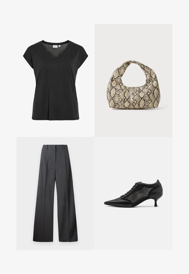 Black T-shirt with a V-neck and cap sleeves, made of soft material, featuring a relaxed fit and minimal stitching detail.; Wide-leg trousers in dark gray fabric, featuring a high waist, single pleats, and a smooth texture with a clean finish at the hems.; Black pointed-toe shoe with a mesh panel design, featuring a low heel and lace-up front. Made from a combination of leather and mesh material.; Snake-print handbag with a curved handle. Made from textured, beige and brown materials, featuring a distinctive diamond pattern.