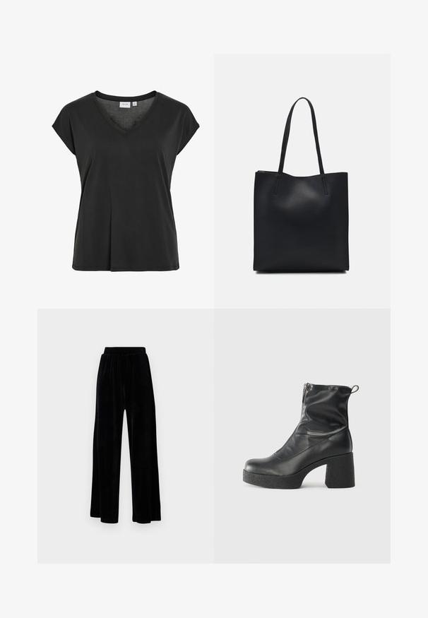 Czarny T-shirt z dekoltem w serek i krótkimi rękawami, wykonany z miękkiego materiału, o luźnym kroju i z minimalnymi szwami.; Czarne spodnie z szerokimi nogawkami wykonane z miękkiego weluru, z elastycznym pasem i gładką fakturą, bez widocznych detali czy wzorów.; Czarne botki za kostkę wykonane z gładkiej skóry, wyposażone w boczny zamek błyskawiczny, masywny teksturowany obcas oraz zaokrąglony czubek.; Czarna skórzana torba tote o gładkiej fakturze, prostokątnym kształcie i dwóch długich uchwytach. Brak widocznych elementów metalowych i ozdób.