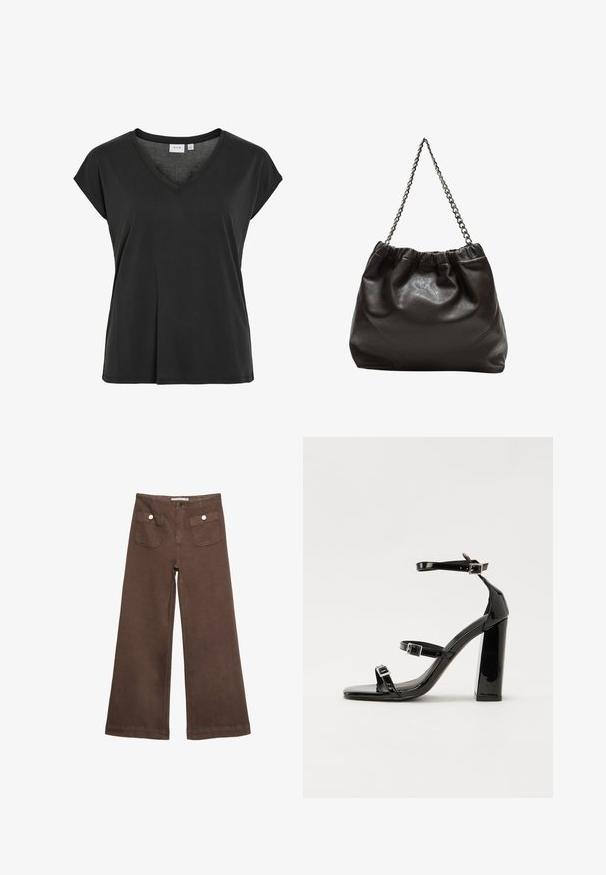 Svart T-shirt med V-ringning och kepsärm, tillverkad av mjukt material, med avslappnad passform och minimala sömdetaljer.; Bruna vida byxor i bomull med två framfickor med silverknappar och en slät yta.; Svarta lackerade klacksandaler med fyrkantig tå, ankelremmar och silverfärgade spännen. Har en kraftig blockklack för stabilitet.; Brun läderväska med rynkad topp och kedjesnodd. Slät textur med en blankslipad yta och subtila sömdetaljer på sidorna.