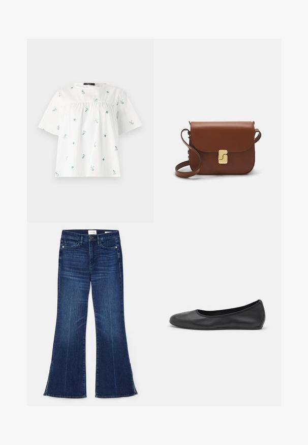 WEEKEND MaxMara EDITTA - T-shirt print - white; Donkerblauwe uitlopende jeans gemaakt van denim. Beschikt over een hoge taille, voorzakken en splitdetails aan de zoom. Klassiek vijfzakontwerp.; Zwarte leren ballerina met een ronde neus, gladde textuur, minimale stikdetails en een flexibele zoolontwerp.; Bruine leren handtas met een klep sluiting, gouden hardware, een schouderband en een gladde textuur. Compact rechthoekige vorm.