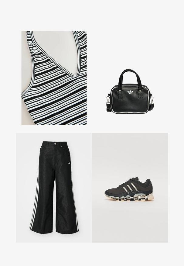 Stripet tanktop med sorte og hvide vandrette striber, v-udskæring, ribbet tekstur og kontrasterende kanter.; Sorte vide denim bukser med tre hvide striber på hver side og et lille hvidt logo. Indeholder forlommer og en knaplukning.; Sort træningssko med en tekstureret overdel, tre sølvstriber og en karakteristisk støttende sål med flere integrerede sektioner.; Sort læderhandtaske med to korte håndtag, sølvhardware, hvide accenter og et hvidt logo. Har en struktureret overflade og et kompakt design.