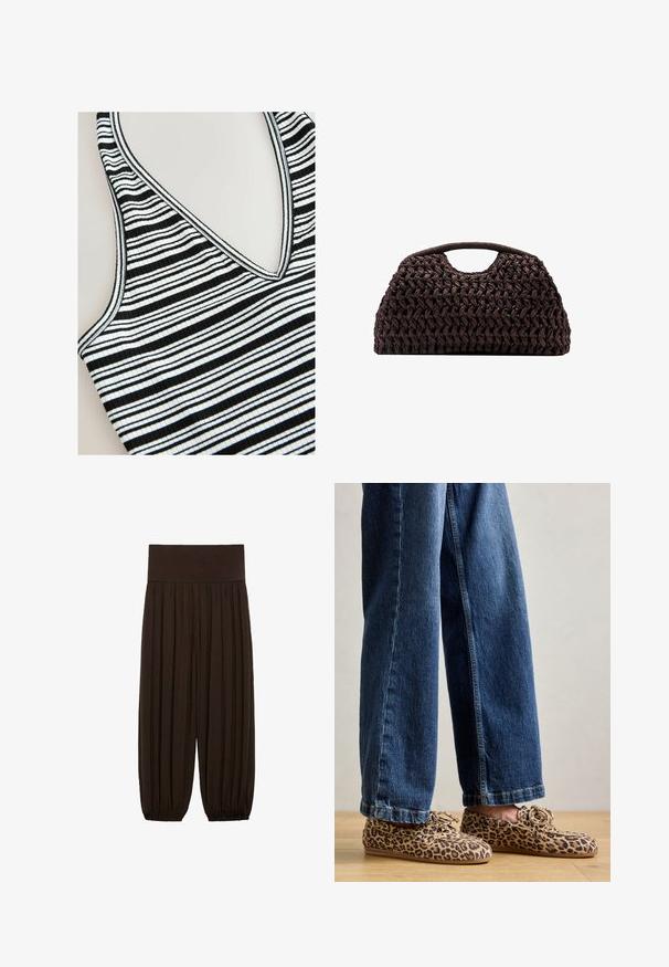 Gestreept tanktop met zwart-witte horizontale strepen, v-hals ontwerp, geribbelde textuur en contrasterende randen.; Bruine geplooide broek met een brede, elastische tailleband. De stof is lichtgewicht en gestructureerd, met gatherse randen bij de boorden.; Luipaardprint loafers van suede, met een ronde neus, vetersluiting en platte, flexibele zolen, gecombineerd met blauwe jeans.; Geweven bruin handtas met een ronde silhouet, voorzien van een bovenhandvat en een gestructureerde oppervlakte. Compact ontwerp met een platte basis voor stabiliteit.