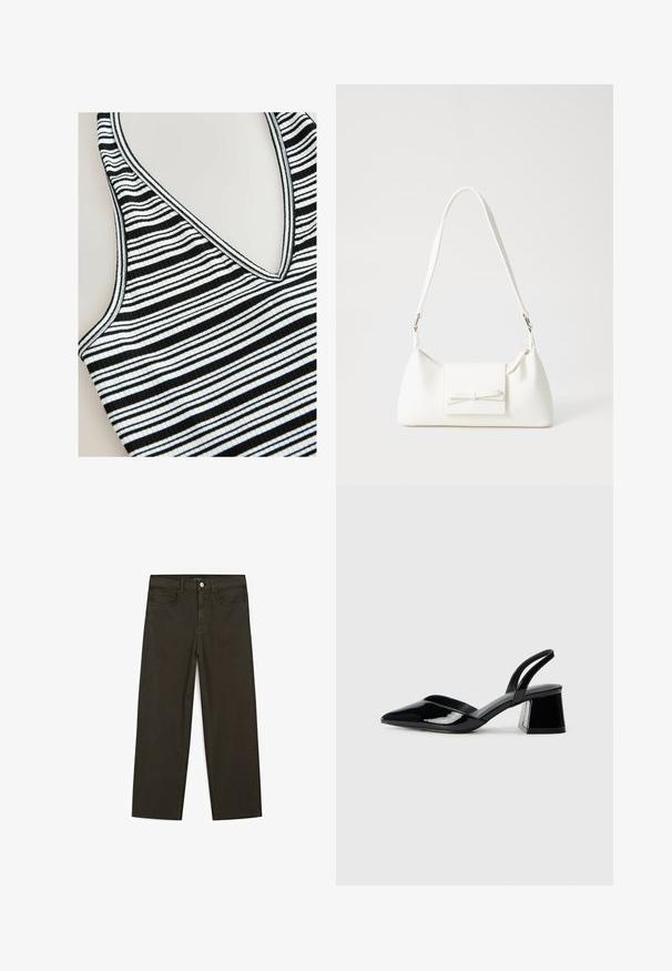 Gestreept tanktop met zwart-witte horizontale strepen, v-hals ontwerp, geribbelde textuur en contrasterende randen.; Donkergroene wijde jeans van een katoenmix, met een sluiting met een voorste knop, vijf zakken en klassieke denimstiksels.; Zwarte gepatineerde leren slingback hakken met een spitse neus en een geometrische blokhak. Kenmerkt zich door een slank, minimalistisch ontwerp en een gladde textuur.; Witte synthetische handtas met een driehoekige vorm, platte voorklep en strikdetail, verstelbare schouderriem, gladde textuur en minimalistisch ontwerp.