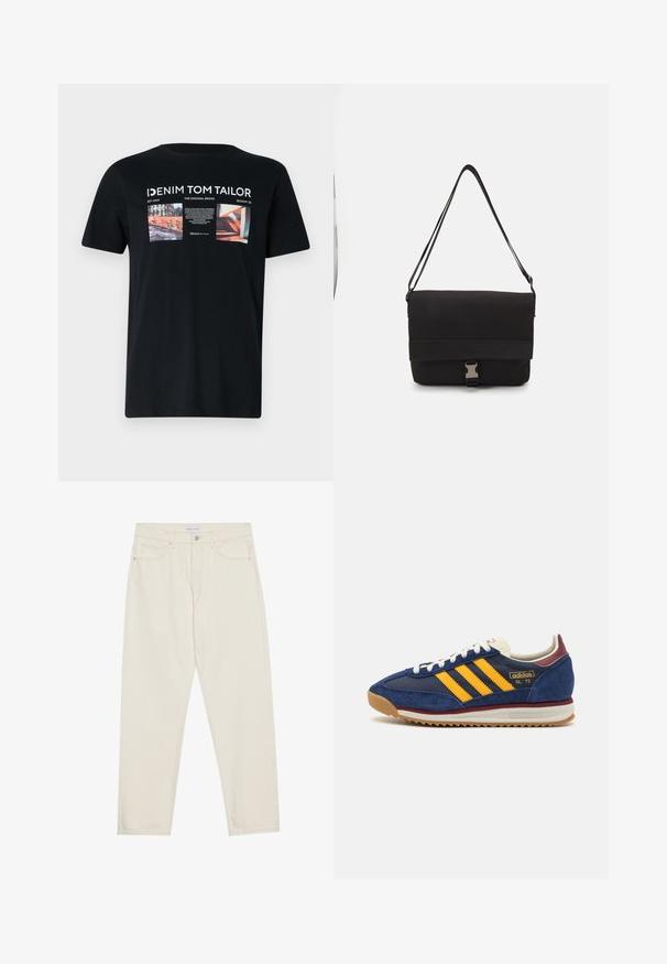 Μαύρη βαμβακερή μπλούζα με γραφιστική εκτύπωση που περιλαμβάνει πολύχρωμες εικόνες και κείμενο στο μπροστινό μέρος, στρογγυλή λαιμόκοψη και κοντά μανίκια.; Μπεζ τζιν παντελόνι με ίσια γραμμή, διαθέτει πέντε τσέπες, κουμπί κλεισίματος και διακριτές ραφές. Λείος υφασμάτινος χαρακτήρας.; Ναυτικά σουέτ sneakers με κίτρινες ρίγες, λευκή κορδέλα και μπορντό λεπτομέρειες. Υφασμάτινη σόλα με αυλάκια για πρόσφυση. Λογότυπο της μάρκας στο πλάι.; Μαύρη τσάντα Messenger από λείο υλικό, διαθέτει πτυσσόμενο καπάκι, ασημένια κλείσιμο και ρυθμιζόμενο ιμάντα ώμου.