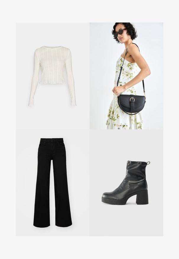 Top cropped de manga longa branco com um padrão de malha texturizada, apresentando detalhes canelados e uma bainha em forma de escalope. Design leve e ajustado.; Calças largas pretas em denim, com uma cintura estruturada, passantes para cinto e bolsos frontais. Textura suave com um design clássico.; Botas de tornozelo pretas feitas de couro liso, com fecho lateral, salto grosso texturizado e design de bico arredondado.; Bolsa de couro preta com forma curva, alça destacável e detalhes em dourado. A bolsa possui uma aba com detalhe de fivela.