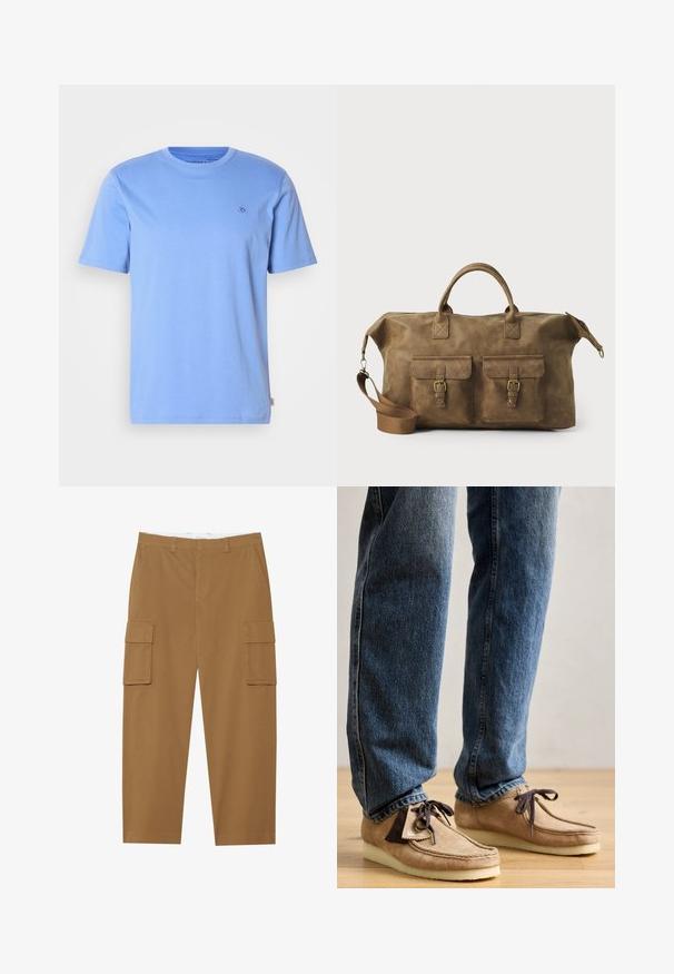 Gaiši zils kokvilnas T-krekls ar apaļu apkakli un īsām piedurknēm. Uz krūtīm ir neliela izšūta logo un sānu etiķete.; Ceri brūni cargo bikses ar divām sānu kabatām, plakanu priekšpusi un taisnu kāju griezumu. Izgatavotas no izturīgas auduma ar gludu tekstūru.; Kasta mocasīni gaiši brūnā krāsā ar tumši brūnu akcentu, apaļā purngala forma un pūkains balts zole. Iezīmējas ar aukliņu slēgšanu un izšūtu apdari.; Brūns ādas ceļojumu soma ar diviem priekšējiem kabatām, regulējamu plecu siksnu, zelta detaļām un stingrām augšējām rokturiem. Gluda tekstūra.