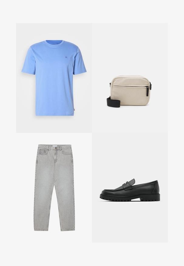 Light blue cotton t-shirt with a round neckline and short sleeves. Features a small embroidered logo on the chest and a side label.; Light grey denim pants with a straight-leg design, five-pocket styling, and a button closure. Visible stitching along the seams.; Black leather loafers with a rounded toe, featuring a stitched design, low platform sole, and a textured, lugged rubber outsole.; Cream-colored corduroy crossbody bag with a black zipper, removable strap, and textured pattern. Features one main compartment and front pocket.