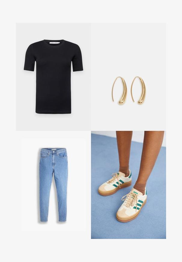 T-shirt preta de manga curta feita de algodão macio. Apresenta um decote redondo e um design simples e sem costuras.; Jeans de corte slim em azul claro, de cintura alta, com bolsos frontais e traseiros, fecho de botão e passadores de cinto, sobre um fundo branco.; Ténis bege com riscas verde-escuras, sola de borracha, parte superior em camurça e têxtil, e ferragens neutras, combinados com meias castanhas sobre uma superfície azul-clara.; Brincos em metal dourado com forma de arco alongado e curvado. Apresentam uma superfície lisa e brilhante, com uma ponta arredondada para um detalhe adicional.