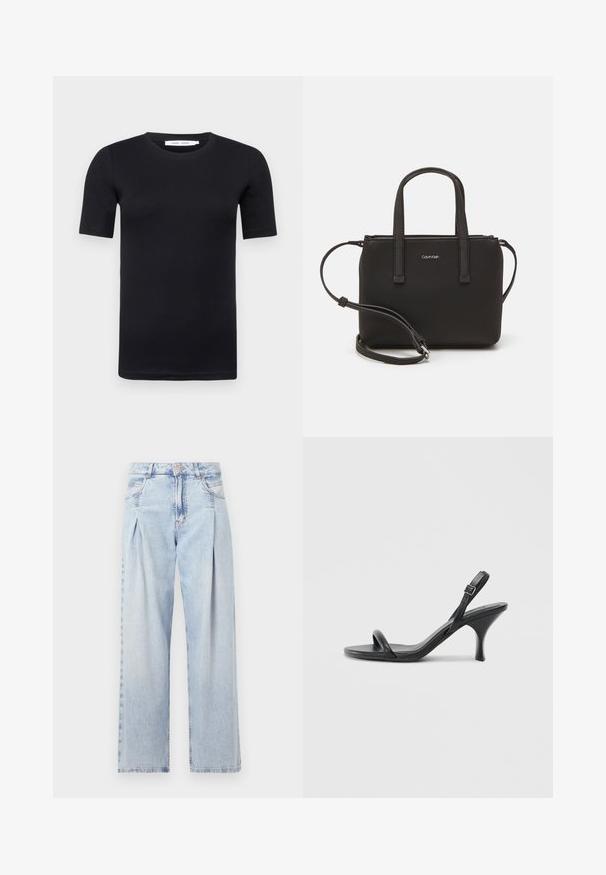 Musta lühikeste varrukatega T-särk, mis on valmistatud pehmest puuvillast. Omab ümarat kaelaauku ja lihtsat, ilma õmblusteta disaini.; Heledad sinise denimist valmistatud teksapüksid kõrge vöökohaga, laia jala lõikega, kahe külje taskuga ja pleedi disainiga. Pehme tekstuur ja pleekinud viimistlus.; Mustad nahast kõrgete kontsadega sandaalid, millel on saledad, kõverad kontsad ja ristatud rihma disain. Reguleeritav pahkluu rihm. Sile tekstuur.; Musthave mustrans vöö ja eemaldatav õlarihm. Gludike nahk siledaga, millel on tõmblukk ja logo detail.