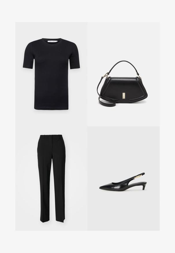 Black short-sleeve t-shirt made from soft cotton. Features a crew neck and a simple, seamless design.; Black tailored trousers with a straight-leg design, featuring a smooth texture and crisp creases along the front. No visible hardware.; Black leather slingback heels with a pointed toe, featuring a slim heel and a gold-tone accent on the adjustable strap. Smooth texture.; Black leather handbag with a structured design, featuring a cropped shape, top handle, and gold hardware accent. Adjustable shoulder strap included.