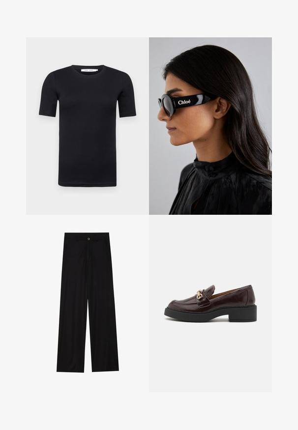 Černé tričko s krátkým rukávem vyrobené z měkké bavlny. Má kulatý výstřih a jednoduchý, bezšvový design.; Široké černé kalhoty vyrobené z hladkého materiálu, s předními kapsami a zapínáním na knoflík v pase. Minimalistický design bez vzorů.; Hnědé kožené mokasíny se zlatou sponou, černým blokovým podpatkem a hladkým povrchem. Boční pohled ukazuje zaoblenou špičku a prošívané detaily.; Černé sluneční brýle s kulatými skly a výraznými, ostrými rámy, na boku s bílým nápisem "Chloé". Hladký, lesklý povrch.; Hnědá kožená kabelka s texturovaným povrchem, zlatými kovovými doplňky, horními držadly a odnímatelným ramenním popruhem; má přední klopu se zapínáním na sponu.; FERRAGAMO FERRAGAMO DUO MINI - Hodinky - silver-coloured/gold-coloured