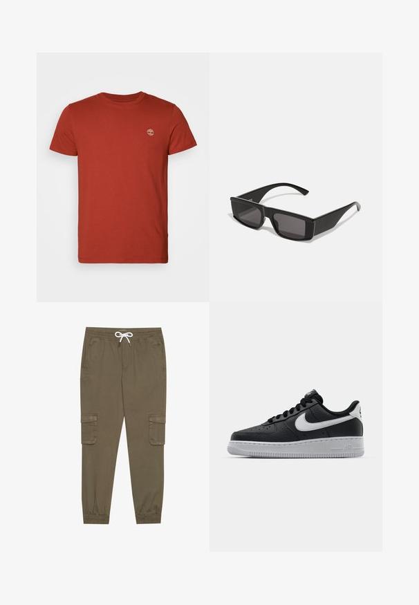 T-shirt de algodão vermelho com mangas curtas e gola redonda, apresentando um pequeno logótipo bordado no lado esquerdo do peito. Textura suave, corte clássico.; Calças cargos em caqui com cintura elástica e cordão, apresentando bolsos laterais e pernas com punhos. Feitas de um material texturizado e leve.; Sapatilha de pele preta com superfície texturizada, swoosh branco da Nike, sola cinza, bico redondo e design com atacadores. Apresenta perfurações na caixa dos dedos.; Óculos de sol pretos com armações retangulares e lentes escuras. Feitos de plástico brilhante, com um design angular e hastes finas.