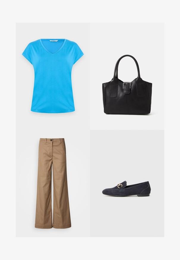 Kék pamut V-nyakú póló, rövid ujjakkal, sima textúrával és lezser dizájnnal. Egyszerű, egyszínű kialakítás minta vagy díszítés nélkül.; Széles lábú nadrág sima, bézs szövetből. Elől gombos záródás, övékhez hurkok és oldalsó zsebek találhatók. Tiszta vonalak, látható minták nélkül.; Sötétkék velúr mokaszin, lekerekített orral, díszített fém lánc akcentussal és alacsony sarokkal, kontrasztos varrási részletekkel.; Fekete bőr bevásárlótáska sima textúrával, strukturált formával, két fogantyúval és egy figyelemfelkeltő ezüst csattal az elején.