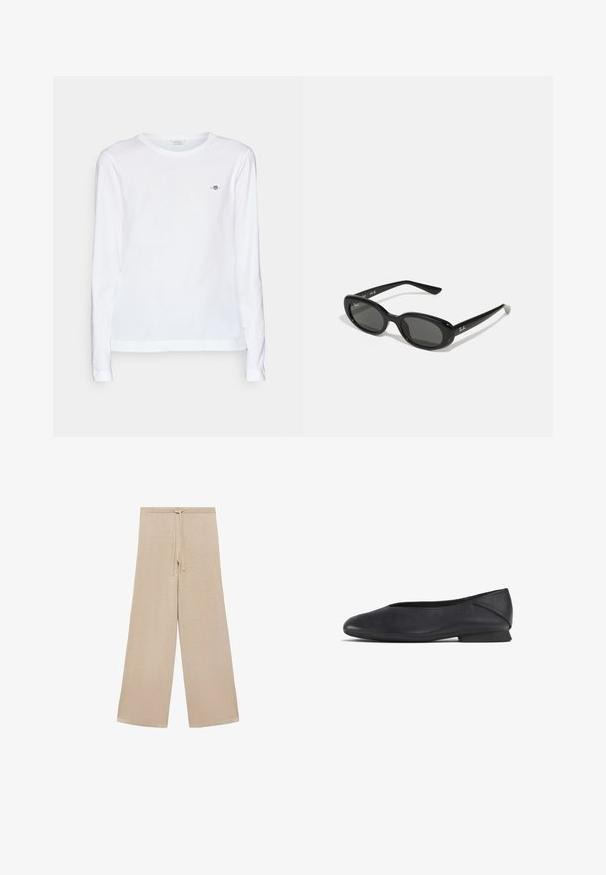 Biela T-shirt s dlhými rukávmi a okrúhlym výstrihom, vyrobená z jemnej bavlny. Obsahuje malé vyšívané logo na hrudi a manžetové rukávy.; Bežové široké nohavice z mäkkej tkaniny, s elastickým pásom na šnúrku a hladkou textúrou, bez vzorov alebo ďalších kovových komponentov.; Čierna kožená plochá topánka s okrúhlou špičkou a nízkym podpätkom, navrhnutá na príležitostné alebo formálne nosenie.; Čierne slnečné okuliare s oválnymi šošovkami, lesklý plastový rám a štíhle ramienka. Na boku majú biele logo Ray-Ban.; DRAGON DIFFUSION SANTA CROCE BIG - Kabelka - black