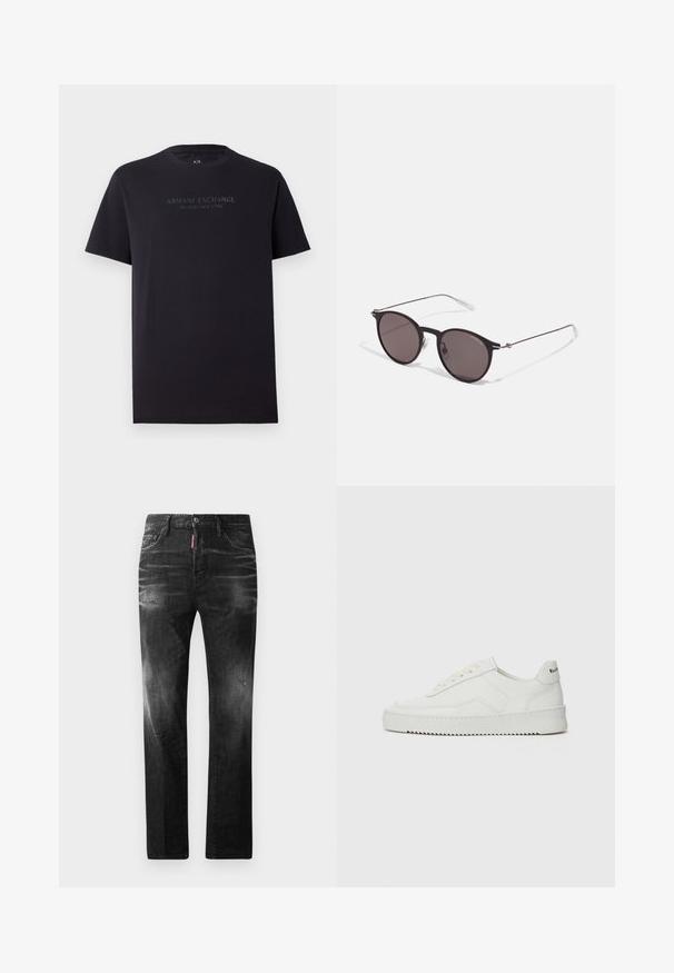 Schwarzes Baumwoll-T-Shirt mit kurzen Ärmeln, Rundhalsausschnitt und einem leicht lockeren Schnitt. Mit der Aufschrift "ARMANI EXCHANGE MILANO / NEW YORK" in dunkelgrauer Schrift.; Schwarze Jeans aus Denim mit geradem Schnitt. Verfügt über ausgebleichte Bereiche, leichte Abnutzung, klassisches Fünf-Taschen-Design und einen Knopfverschluss.; Weiße Ledersneaker mit glatter Oberfläche, runder Zehenpartie, flachen Schnürsenkeln und strukturiertem Sohlenprofil. Mit einem dezenten Logo an der Ferse.; Schwarze runde Sonnenbrille mit dunklen Gläsern und schlanken Metallbügeln. Enthält klare Tempelspitzen und silberne Akzente am Scharnier. Minimalistisches Design.