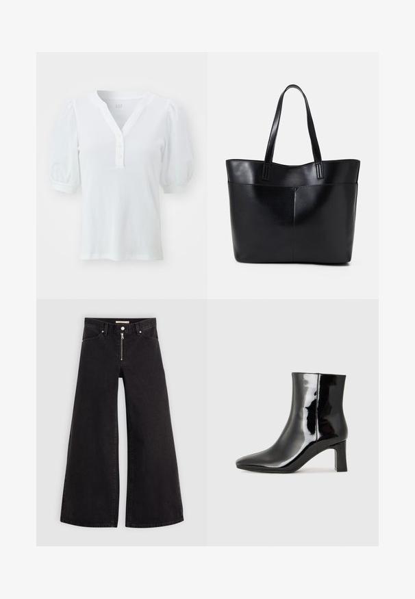 Valkoinen lyhythihainen toppi, jossa on V-pääntie, puffihihat, viiden napin etukierre, ribbausta ja GAP-logo pääntiessä.; Mustat leveälahkeiset farkut, joissa on vetoketjufrunti, viisi-taskuinen muotoilu ja hienovaraiset ompelusyyt. Sileä pinta ja rento tyyli.; Musta patenttilakattu nilkkuri, jossa on terävä kärki ja keskipitkä lohkarekorko. Silkkinen pinta ja minimalistinen muotoilu.; Musta nahkainen kassi, jossa on kaksi pitkää kahvaa, sileä pinta ja jämäkkä muoto. Sisältää etutaskun lisävarastointia varten.