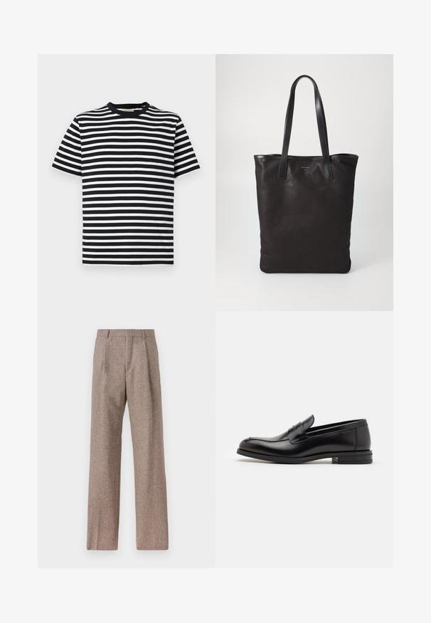 Black and white striped short-sleeve t-shirt with a round neckline and soft cotton material. Horizontal stripes of equal width.; Light blue long-sleeve shirt with a pointed collar, black buttons, and a unique cutout in the front for distinctive design.; Brown, high-waisted trousers made of textured fabric. Features wide legs and two front pleats for structure. Neat finish with no visible hardware.; Black leather loafers with a smooth texture, rounded toe, and a decorative strap across the vamp. Low stacked heel, minimalist design.; Black canvas tote bag with black leather handles. Simple design, spacious body, and a smooth texture. No visible logos or patterns.