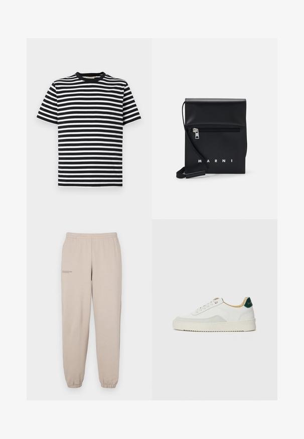 Čierno-biely pruhovaný krátky rukáv tričko s okrúhlym výstrihom a mäkkým bavlneným materiálom. Horizontálne pruhy rovnakej šírky.; Béžové tepláky vyrobené z mäkkej tkaniny, s elastickým pásom a manžetami, s malým potlačeným textom na ľavej nohe.; Biele tenisky s semišovými akcentmi, zaoblenou špičkou, plochými šnúrkami a krémovou gumovou podrážkou. Na päte sú zelené značky.; Čierna kožená kabelka cez plece s predným vreckom na zips, embosovaným logom a nastaviteľným popruhom. Hladká textúra so štruktúrovaným tvarom.