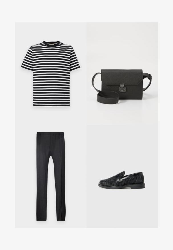 Melnbalts svītrainais īsām piedurknēm T-krekls ar apaļu kaklu un mīkstu kokvilnas audumu. Horizontālās svītras ir vienāda platuma.; Emporio Armani TROUSER - Auduma bikses - nero; Melnas austas slaidu kurpes ar gludu ādas akcentu augšpusē, apaļas formas purngalu un zemas profila gumijas zoli.; Melna ādas pleca soma ar teksturētu apdari, vāka aizdare, metāla piederumi un savietojams regulējams siksna.