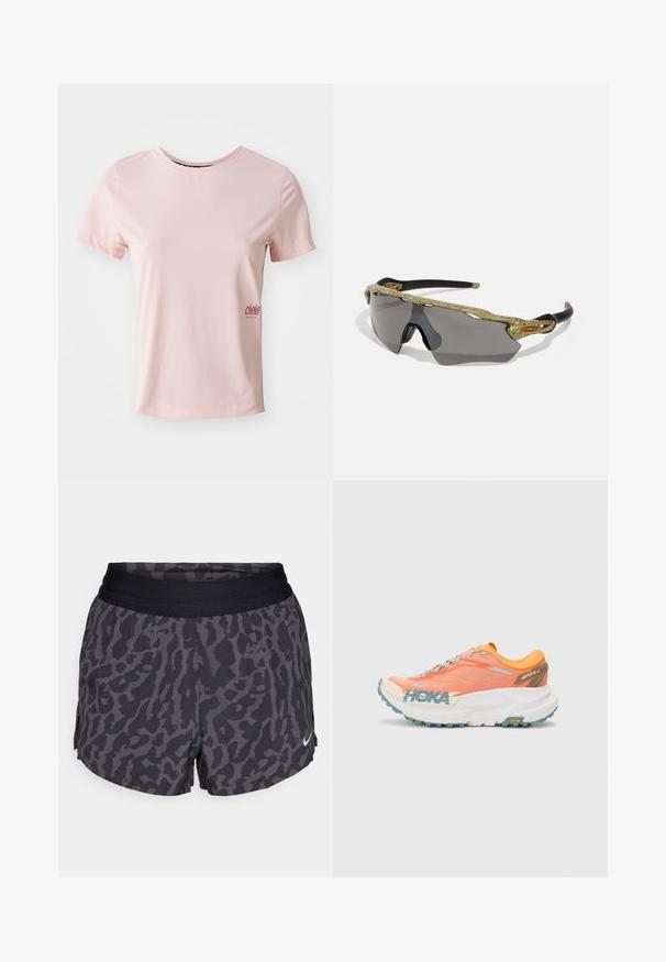 Ružové športové tričko s krátkym rukávom vyrobené z hladkej tkaniny s okrúhlym výstrihom. Na ľavej strane sa nachádza malé logo v tmavšej ružovej farbe.; Čierne a šedé šortky s leopardím vzorom, so širokým elastickým pásom, s jemným leskom a malým bielym logom Nike v pravom dolnom rohu.; Oranžovo-ružové bežecké topánky s hornou časťou z jemnej sieťoviny, bielou medzipodrážkou, Vibram podrážkou a svetlomodrými akcentmi. Na boku sa nachádza značka HOKA.; Športové slnečné okuliare so zeleným vzorovaným rámom, čiernymi stranami a šedými šošovkami. Dizajn obsahuje okrúhly štýl s odvážnym, športovým tvarom.