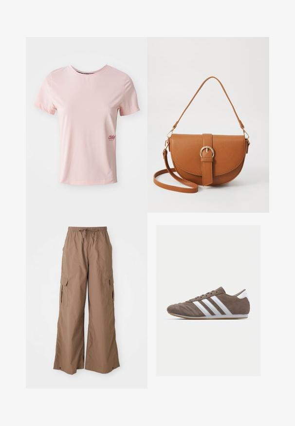 Lyserød kortærmet atletisk t-shirt lavet af glat stof med rund halsudskæring. Har et lille logo på venstre side i mørkere lyserød.; Brune løse cargo-bukser med snor i taljen og sidelommer med klap, bred ben-design, præsenteret mod en hvid baggrund.; Brune ruskind atletisk sko med hvide striber, rund tå, snørebåndsdesign og gummisål. Tekstureret overdel med syningsdetaljer.; Brun læder crossbody taske med en buet form, guldfarvet hardware og en spændeaccent. Har en aftagelig skulderrem.