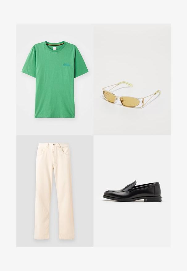 Žalias medvilnės marškinėliai su apvaliu kaklu, trumpomis rankovėmis ir mažo mėlyno teksto detale kairiajame krūtinės plote. Lygi tekstūra.; Šviesiai smėliniai džinsai su tiesiu sijonu, penkiomis kišenėmis ir priekiu užsegamu mygtuku. Siuvimo linijos matomos palei siūles.; Juodos odinės loafers, turinčios lygų paviršių, apvalią noselę ir dekoratyvinę juostą per priekinę dalį. Žemas krentantis kulnas, minimalistinis dizainas.; Geltonos atspalvio akiniai nuo saulės su permatomu auksiniu rėmu, liekna stačiakampio forma ir kampuotais rankenėlėmis su šviesiai žaliais akcentais.