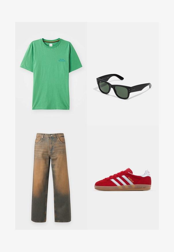 Zelené bavlnené tričko s okrúhlym výstrihom, kratkými rukávmi a malým modrým textom na ľavej strane hrudi. Hladká textúra.; Džínsy s širokými nohavicami v poškodenom modrom a hnedom denime. Majú vysoký pás, predné vrecká a klasické zapínanie na gombík s kovovými akcentmi.; Červené semišové tenisky s bielym trojpruhovým dizajnom a zlatým nápisom "Gazelle". Majú gumovú podrážku a štruktúrovaný opätok.; Čierne obdĺžnikové slnečné okuliare so zelenými šošovkami, matný povrch, subtilné detaily a embosovaný logo na stranici.