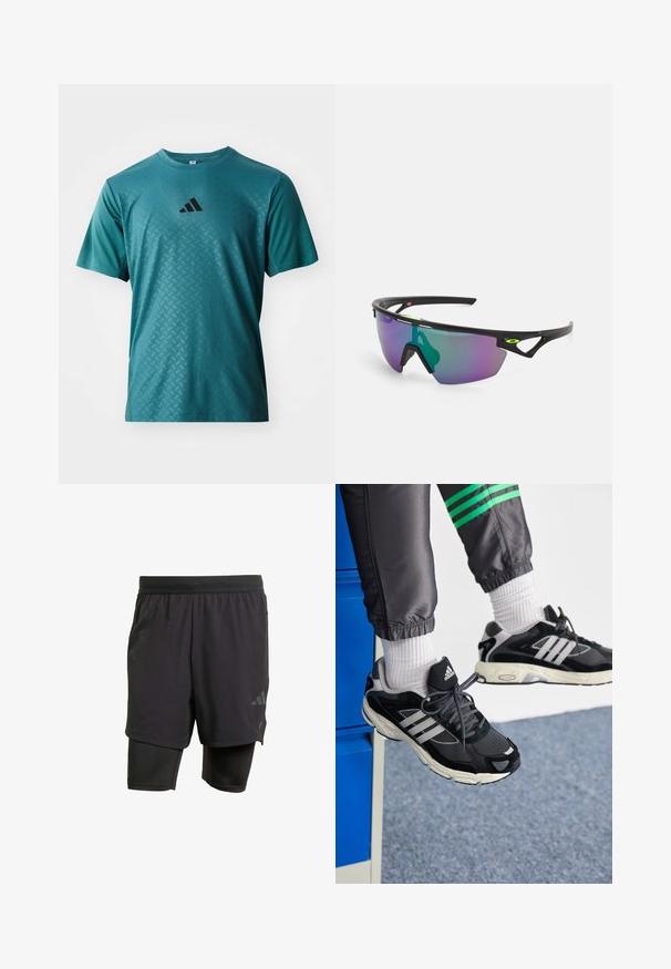 adidas Performance POWER TEE - T-skjorte til trening - preloved teal; Svarte sportshorts med integrert indre lag, laget av pustende stoff. Har subtilt logo og strukturert tekstur. Justerbar midje.; Svarte og grå joggesko laget av mesh og skinn, med tre hvite striper og en teksturert såle, båret med hvite sokker.; Sports solbriller med en svart ramme, store gradientlinser i lilla og grønne nyanser, samt vinklede designaksenter med logo-detalj.
