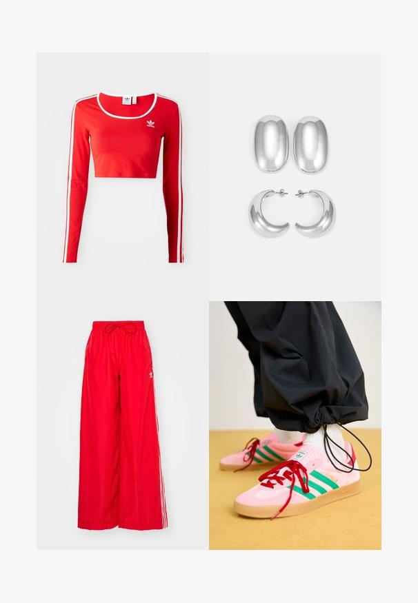 Red long-sleeve cropped top made of soft fabric, featuring a round neckline, white side stripes, and a small white logo on the chest.; Red wide-leg pants made of lightweight fabric, featuring white side stripes and an elastic waistband with a drawstring.; Pink suede sneakers with green stripes, red laces, and a gum sole. Paired with black pants gathered at the ankles.; Silver-colored earrings set: two oval studs and two crescent-shaped hoops, featuring a glossy, smooth finish and a rounded design.
