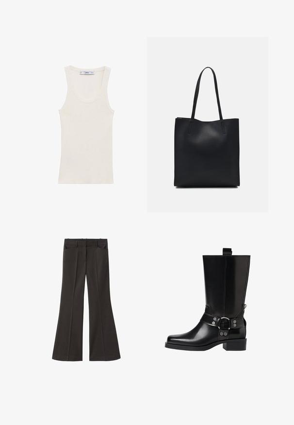 Ribana majica bez rukava u off-white boji, s okruglim izrezom i prilagođenim siluetom. Izrađena je od laganog materijala.; Crne široke hlače s visokim strukom; sadrže dva prednja džepa i glatku teksturu materijala. Pogodne za razne prigode.; Crne kožne čizmice do koljena s šiljastim prstima, sličnim srebrnim kopčama i debelim potplatima. Imaju rupicu za lakše oblačenje.; Crna kožna torba za nošenje s glatkom teksturom, pravokutnim oblikom i dvije duge ručke. Nema vidljivih metalnih dijelova ili ukrasa.