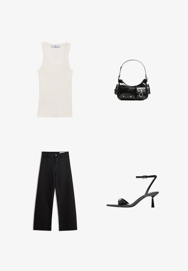 Ribbed tank top in off-white, featuring a scoop neckline, sleeveless design, and a fitted silhouette. Made from lightweight fabric.; Black wide-leg denim pants with a high waist, featuring front and back pockets, stitched seams, and a button closure. Smooth texture.; Bershka High heeled sandals - black; Black patent leather handbag with a curved shape, one shoulder strap, front pockets, and silver-tone hardware accents.