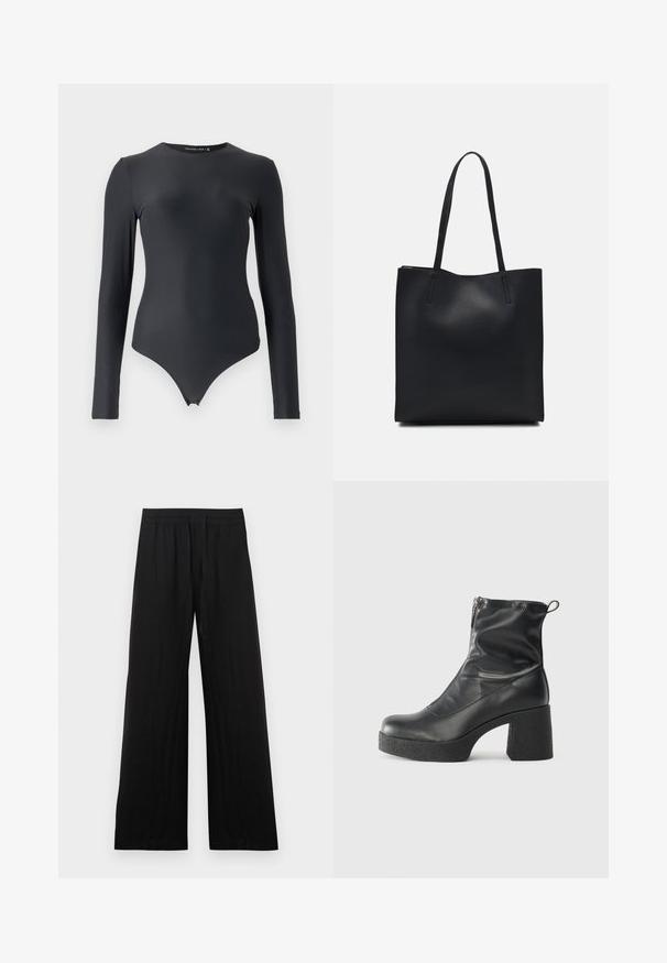 Schwarzer Langarm-Body aus glattem, elastischem Stoff mit Rundhalsausschnitt und figurbetonter Silhouette, mit einem Tanga-Schnitt im unteren Bereich.; Schwarze, weit geschnittene Hose aus Baumwollstoff. Mit elastischem Bund und einer glatten, strukturierten Oberfläche. Keine sichtbaren Muster oder Akzente.; Schwarze Stiefeletten aus glattem Leder mit seitlichem Reißverschluss, klobigem strukturiertem Absatz und runder Zehenform.; Schwarze Laptoptasche aus Leder mit glatter Textur, rechteckiger Form und zwei langen Griffen. Keine sichtbaren Beschläge oder Verzierungen.