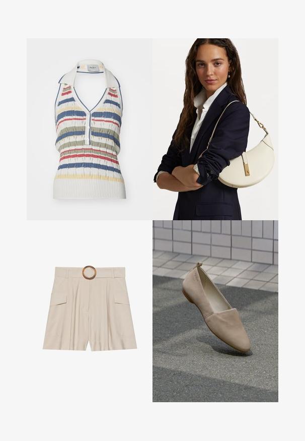 Trikotažinė be rankovių palaidinė su apykakle balta spalva, papuošta daugiakomponentėmis horizontaliomis linijomis mėlynos, raudonos, žalios ir geltonos spalvų.; Šviesiai rudos spalvos aukštai juosmeniški šortai su plačiu, lygia juosta, mediniu apvaliu užsegimu, klostuota priekiu ir dviem šoninėmis kišenėmis. Lygi audinio tekstūra.; Bežiniai plokšti batai, pagaminti iš minkštos medžiagos, turi smailų nosį ir minimalizmo stilių. Į komplektą įeina mažas kulnas ir kilpa gale.; Balta odinė rankinė, lenkto dizaino, su auksiniais elementais ir tekstūruota apdaila, dėvima su tamsiu švarku ir baltu marškiniu.