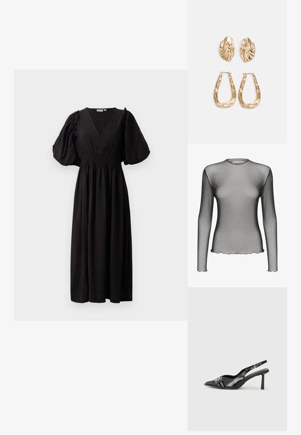 Langärmliges Mesh-Top aus transparentem schwarzem Stoff mit rundem Ausschnitt und gewelltem Saum; bietet eine glatte Textur und ein leichtes Design.; Schwarzes Midi-Kleid mit tiefem V-Ausschnitt, puffierten kurzen Ärmeln und gerafftem elastischem Bund für eine taillierte Silhouette.; Schwarzer Lackleder Slingback-Schuh mit spitzem Zehenbereich, Knöchelriemen mit silbernen Schnallen und Beschlägen sowie einem schlanken Absatz.; Gepolsterte schwarze Handtasche mit einer glatten Lederoberfläche, ausgestattet mit einem Kettenriemen und geometrischen Rautenmuster auf der Oberfläche.; Ohrringe in Goldoptik mit strukturierten, gewellten Formen. Beinhaltet skulpturale Clip-Ohrringe und ein offenes Hoop-Design mit gehämmertem Finish.