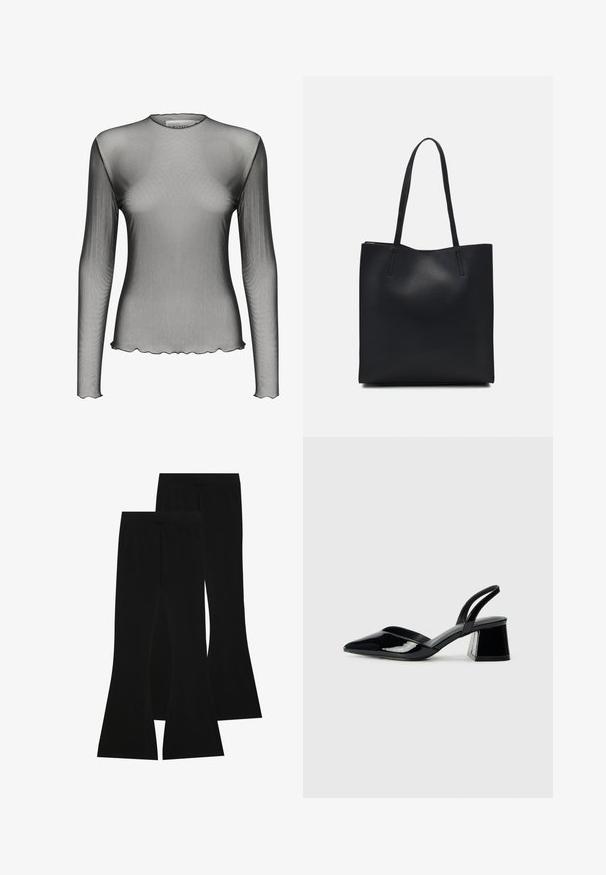 Bluză din plasă cu mânecă lungă, dintr-un material negru transparent, cu guler rotund și margini ondulate; prezintă o textură netedă și un design ușor.; Pantaloni negri evazați din țesătură elastică, cu un talie înaltă și o textură fină, având un design ajustat care se lărgește de la genunchi.; Pantofi cu toc slingback din piele lacuită neagră, cu vârf ascuțit și toc geometric. Prezintă un design elegant, minimalist și o textură netedă.; Geantă tote neagră din piele, cu textură netedă, formă rectangulară și două mânere lungi. Fără hardware vizibil sau ornamente.