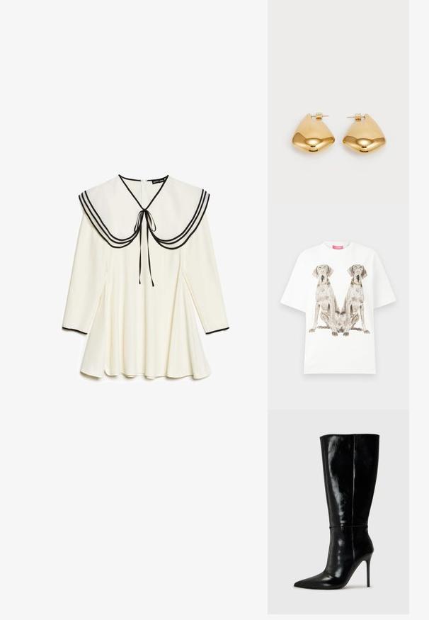 Camiseta blanca de gran tamaño con una gran impresión de dos perros sentados, cada uno luciendo un collar de cadena dorada. Material de algodón con una textura suave.; Vestido largo de manga larga color crema con gran cuello de marinero que presenta detalles en negro y una corbata, falda plisada y borde negro en los puños.; Botas de cuero negro hasta la rodilla con punta afilada y tacón alto de aguja. Textura suave y diseño elegante, con detalles mínimos.; Bolso de hombro de cuero negro con forma redondeada, acabado brillante y herrajes plateados. Persona vistiendo pantalones anchos negros y mocasines con tachuelas.; Pendientes de metal en tono dorado con forma triangular suave y redondeada, y diseño de cierre a presión; superficie reflectante con un detalle mínimo.