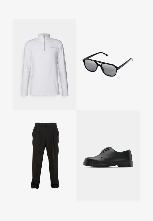 Bílý pulovr s dlouhým rukávem, čtvrtkovým zipem a vysokým límcem, s šedým logem Calvin Klein na hrudi. Hladká textilie.; Černé kalhoty z hladké tkaniny, se zapínáním na tlačítko v pase, předními sklady a zúženými manžetami u kotníků. Klasický elegantní střih.; Černé kožené oxfordy s šněrováním, zakulacenou špičkou, plochou gumovou podrážkou a jemným prošíváním podél svršku.; Černé sluneční brýle s obdélníkovými rámy, šedými tónovanými skly a designem s výřezem ve střední části. Hladký, lesklý plastový materiál, s úzkými stranami.