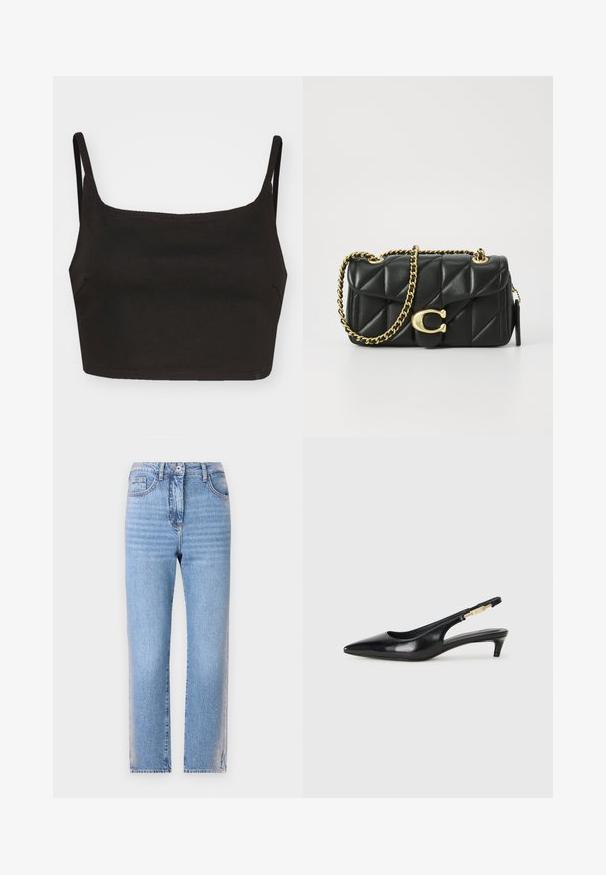 Top scurt negru cu bretele subțiri, realizat dintr-un material neted. Are un decolteu drept și un design minimalist. Fără modele vizibile sau accesorii.; Jeans din denim de un albastru deschis, cu croială dreaptă, având un închidere cu buton și fermoar, cinci buzunare și o textură ușor decolorată pe picioare.; Sandale slingback din piele neagră cu vârf ascuțit, având un toc subțire și un accent de culoare aurie pe curea ajustabilă. Textură netedă.; Poșeta neagră din piele matlasată cu o curea din lanț auriu și un închizător cu toggle care are un accent circular. Formă compactă și rectangulară.
