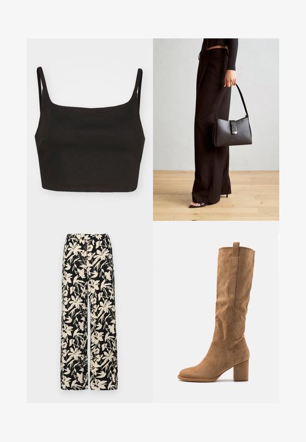Čierny crop top s tenkými ramienkami, vyrobený z hladkej textílie. Má rovný výstrih a minimalistický dizajn. Žiadne viditeľné vzory ani kovy.; Čierne nohavice s širokými nohavicami a krémovým kvetinovým vzorom. Vyrobené z ľahkej látky, s hladkou textúrou a vysokým pásom.; Súvové kožené čižmy v pieskových odtieňoch s blokovým podpätkom, so šitými detailmi a elegantným siluetou pre moderný vzhľad.; Čierna kabelka so štruktúrovaným tvarom, hladkou textúrou a kovovou sponou. V kombinácii so širokými čiernymi nohavicami a sandálmi s otvorenou špičkou na drevenej podlahe.