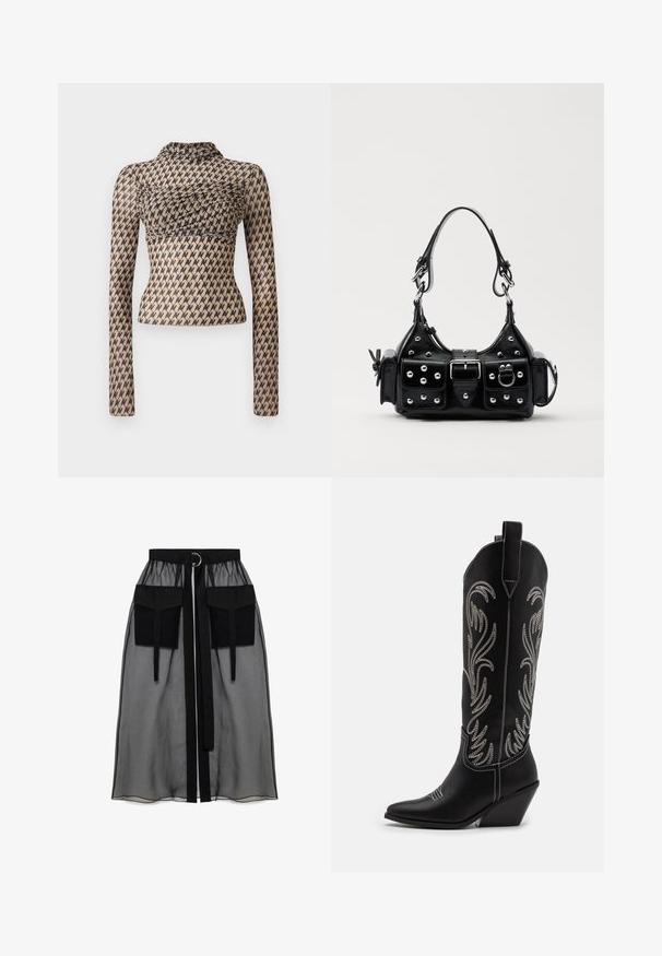 Dugulja s dugim rukavima napravljena od prozirnog materijala s bež podlogom i crnim apstraktnim uzorkom, s naboranim dizajnom na prsima i visokim izrezom.; Crna prozirna suknja s nabranim pojasom, koja ima dva velika prednja džepa, remen oko struka i okrugli metalni detalj.; Crne kožne kauboj čizme s šiljastim prstima, klinastim potpeticama i srebrnim izvezenim cvjetnim uzorcima duž osovine. Kontrastni šavovi posvuda.; Crna kožna torba s zakrivljenim dizajnom, koja sadrži srebrne zakovice, kopču i dva bočna džepa. Podesiva traka za različite opcije nošenja.